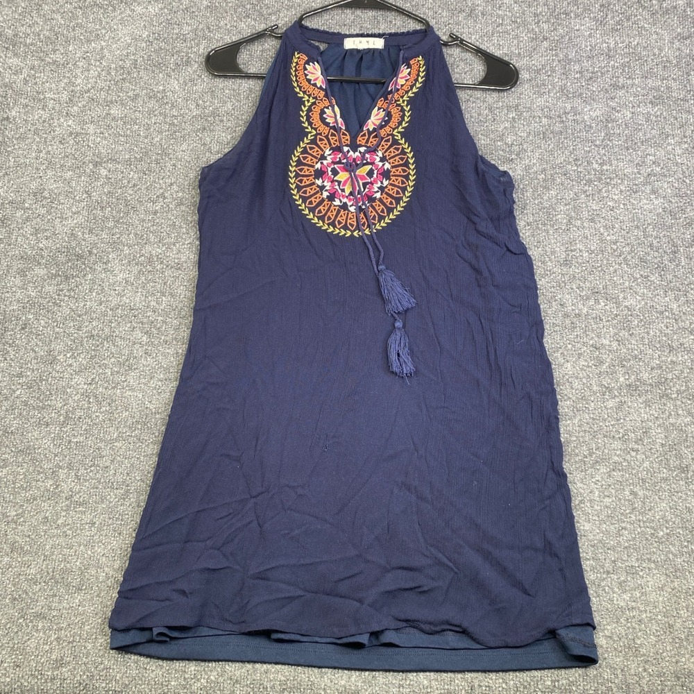 THML Navy Blue Embroidered Tassel Boho Shift Dress Womens Small Sleeveless